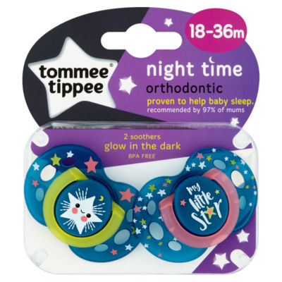 Tommee Tippee Closer to Nature Night Time x2 Orthodontic Soothers 18-36 Months